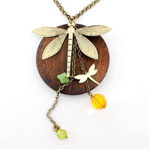 Gold-tone Dragonfly/Wooden Plate/Beads Necklace--NEW!!