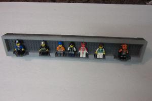 Seven Lego Minifigures and Custom Desktop or Shelf Holder