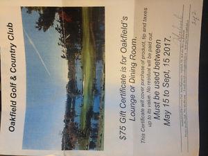 Selling: $75 gift card to Oakfield Golf & Country Club