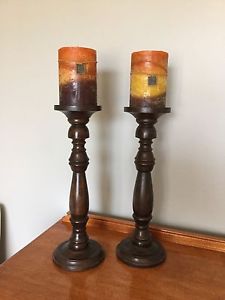 2 Tall Wooden Candle Holders & Serenity Candles