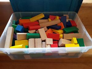 Container of wooden blocks