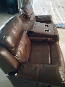 Dark Brown Bonded Leather Reclining Motion Sofa with Console