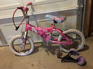 Kids Barbie bicycle, training wheels,two helmets 80$ or OBO