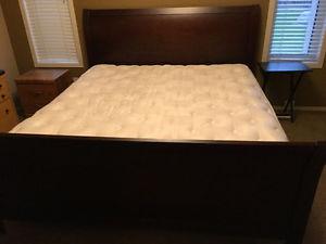 King wooden sleigh bed with mattress and boxspring