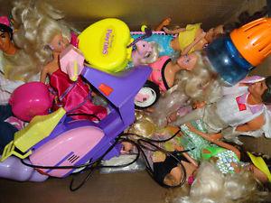Barbies, 12 dolls, clothes, appliances full box