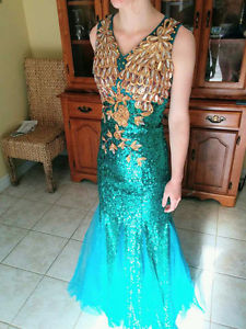 Prom Dress - Mermaid, Turquoise / Blue, Sequin, Embroidered