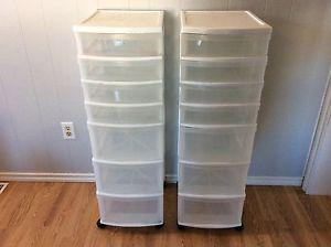 Two seven drawer plastic rolling cabinets