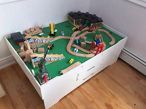 Wooden train table and train set