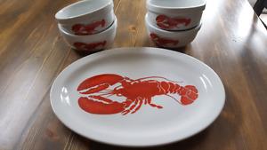 lobster serving tray and 4 chowder bowls.