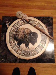 Bison painted drum with homemade drum stick