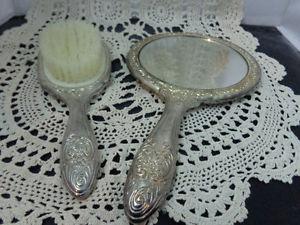 Heavy Silver Plated Vanity Set Antique Mirror and Brush