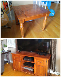 Matching solid wood entertainment and coffee table set.