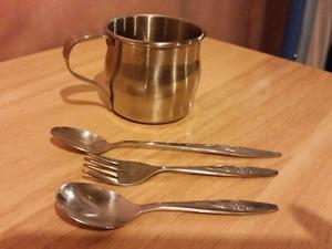 Antique baby spoon, fork and cup set