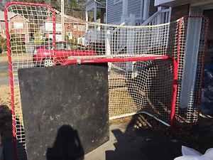 Hockey net and puck board