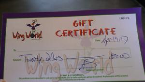 $20 Wing World Gift a certificate