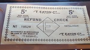 5 cent Refund Cheques from T. Eaton Co.