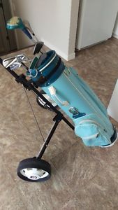 Golf cart, bag and clubs