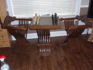 Hand Carved Folding Chess Table and Chairs with chess set