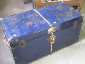 OLD ALL METAL STORAGE TRAVEL TRUNK $ COFFEE TABLE SIZE