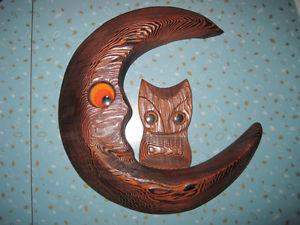 Solid Wood Carved Moon and Owl Folk Art Wall Hanging