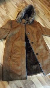 Women's Large Brown Winter Coat - Faux Fur + Faux Suede