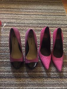 Black-and-purple and pointed pink leather heeled shoes