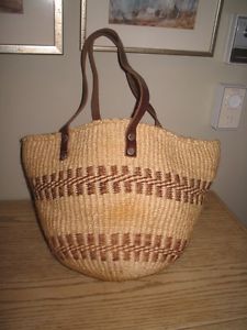 Vintage large jute market beach tote bag with leather