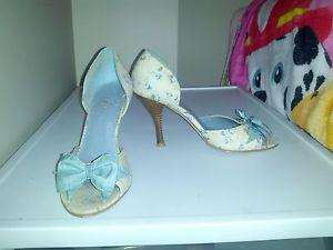 beige and blue open toe heels