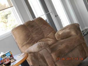 2 matching caramel colored easy pull micro fiber recliners