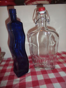 2 -- pieces one colbalt blue bottle 10 x2 inches, other 10 "