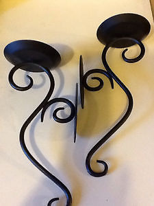 Two Black Wrought Iron Wall Sconces