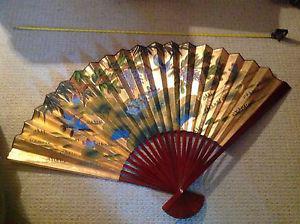 Vintage Large Oriental Hand Painted Gold Fan