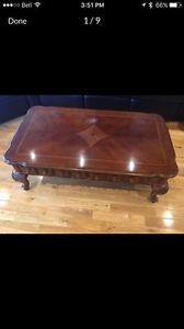 Cherry finish coffee table, 2 end table and sofa table