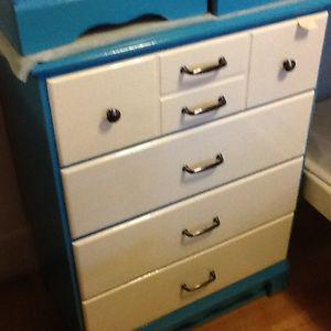 Teal and white dresser and two bedside tables