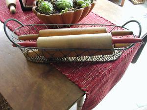 Vintage wire basket with 3 antique rolling pins