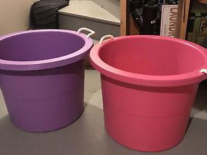 2 plastic storage utility buckets