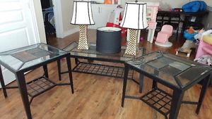 Coffee table, two end tables, two lamps and extra lamp