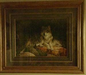 Large Wolf print matted and in solid oak frame