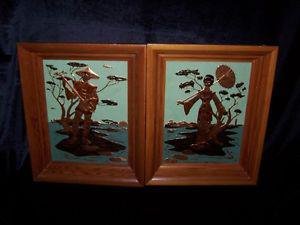 PAIR OF JAPANESE MAN & WOMAN COPPER ETCHED FRAMED.