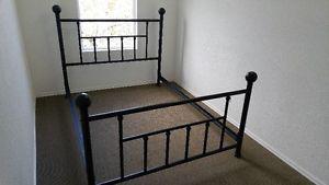 QUEEN SIZE HEAD BOARD FOOT BOARD AND CAST IRON RAILS