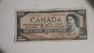 Vintage Canada Bank notes $100 dollar Bill  one Left