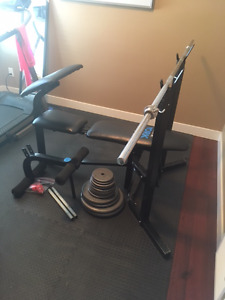 York weight bench and 215 lbs steel weights