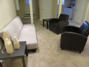 Futon, 2 club chairs and 2 end tables