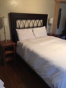 Wood/iron headboard, bed frame and 2 side tables
