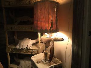 Old Buffalo horn lamp, with buckskin shade
