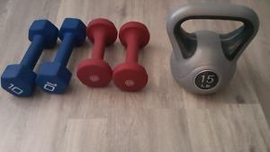 dumbell 10 lbs 8 lbs Kettle bell 15 lbs 50 obo