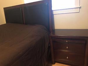 Bed frame with mattress, nightstand and dresser