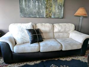 Beige & Brown Leather & Fabric Sofa