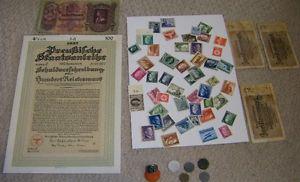 Bunch Of Old World War II Stuff Nasi stamps Coins Bills Ring