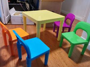 Kids table & 4 chairs+ brand new shoes for free